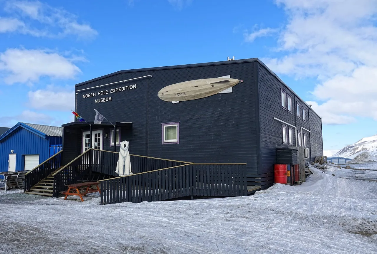 A dark wooden building with a model airship mounted on its front wall above the sign North Pole Expedition Museum, with snow on the ground